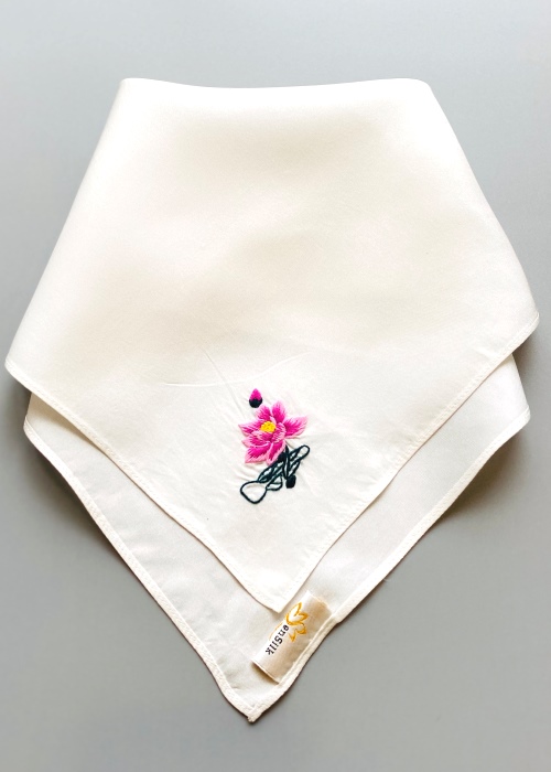 Khăn Tay Lụa Thêu Hoa Sen (Trắng) - SenSilk Lotus Hand-Embroidered Handkerchief