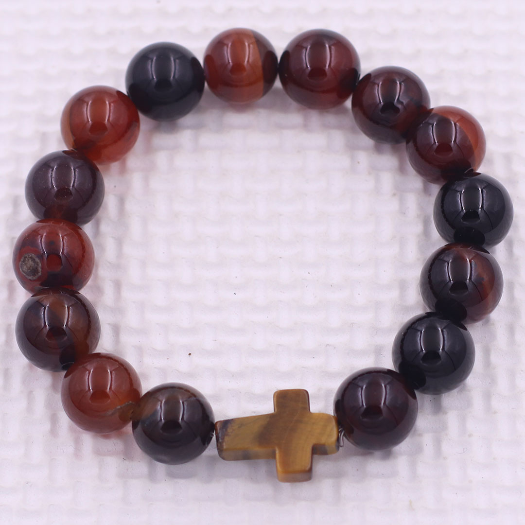 Vòng tay chuỗi hạt Đá Thạch anh Nâu kèm charm Thánh giá Đá Mắt hổ - Chuỗi tay phong thủy Size 8/10/12/14mm - Đem lại Bình an, may mắn