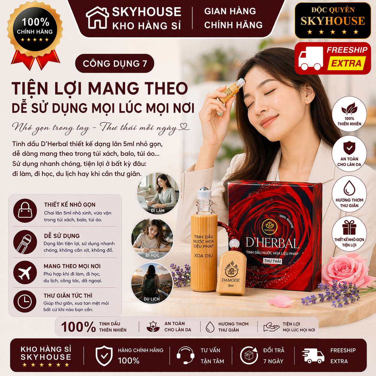 Tinh dầu nước hoa thư thái trị liệu DHERBAL độc quyền DAMODE chai 5ml tinh dầu nước hoa giảm stress chính hãng