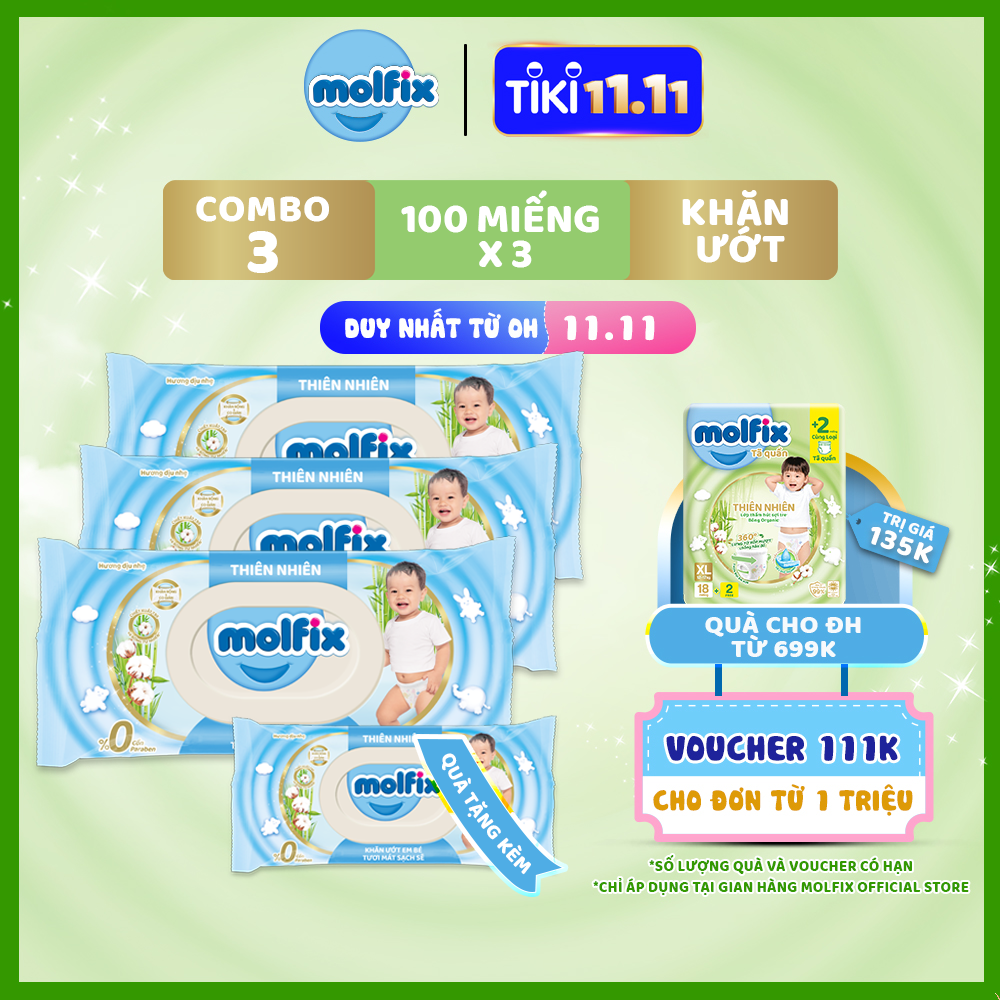 [Tặng 1 khăn ướt cùng loại] Combo 3 Khăn ướt Molfix Thiên nhiên Sạch Khuẩn Vệ Sinh - Gói 100 miếng