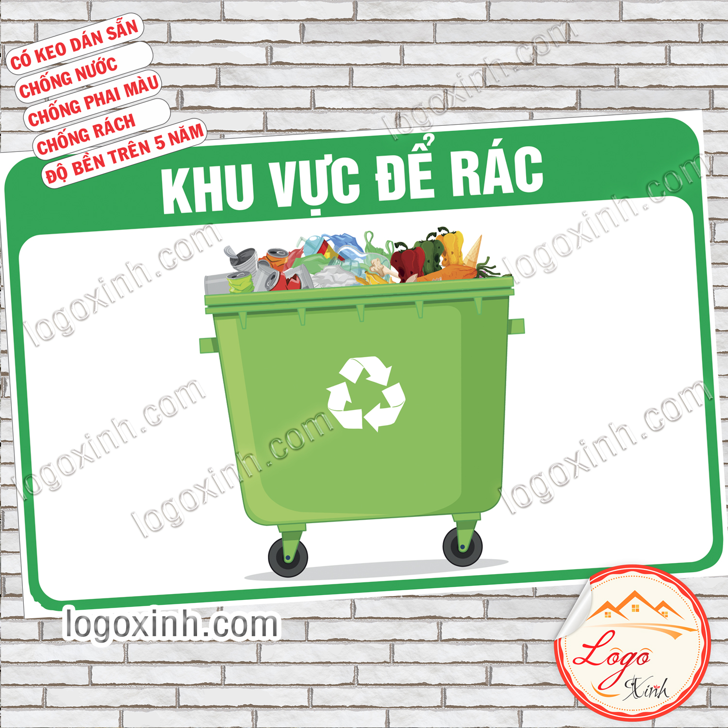 Logo Tem Sticker Khu Vực Để Rác Thải, Thông Báo Vị Trí Để Thùng Rác, Chất Liệu Decal Dán Sẵn Chống Nước Tuyệt Đối