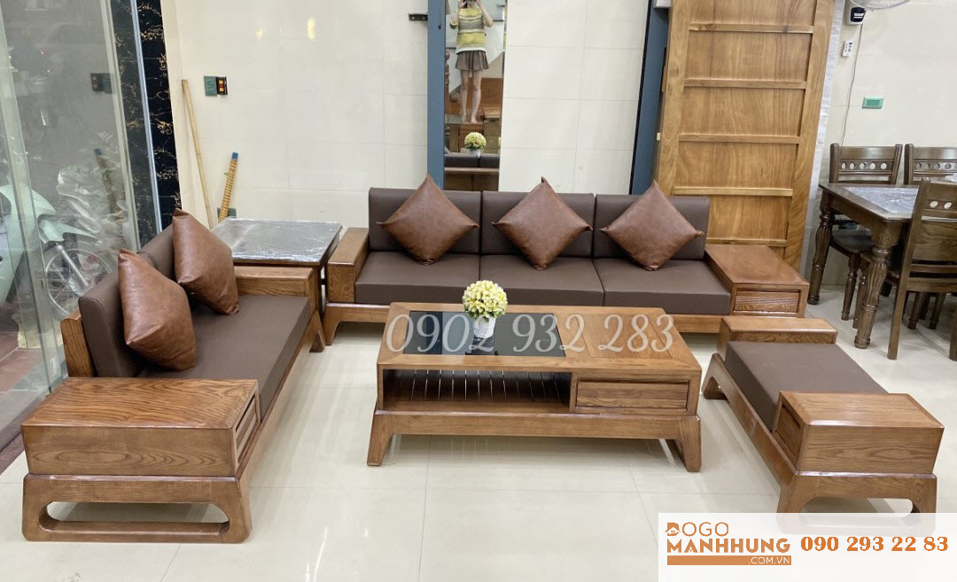 Bộ bàn ghế phòng khách, sofa 2 văng gỗ sồi G003