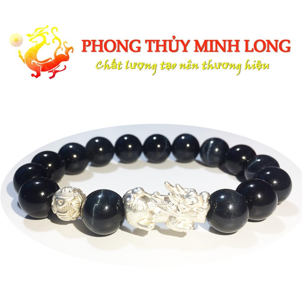 Vòng tay đá mắt hổ Chim Ưng xanh đen chất lượng 5A mix Tỳ Hưu và 1 hạt kim tiền Bạc hợp mệnh Thủy và Mộc