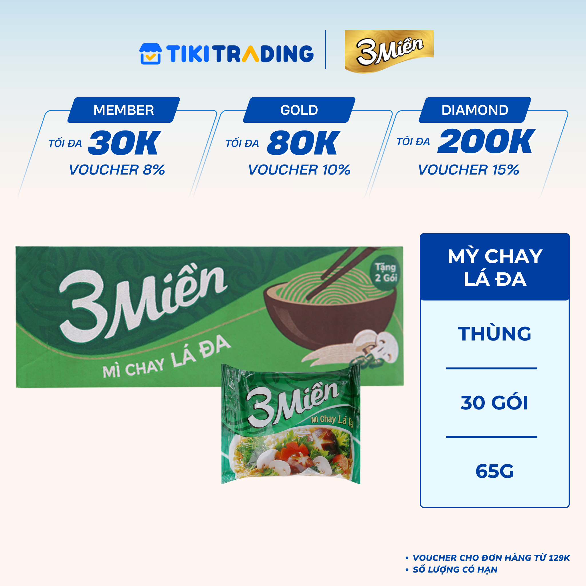 Thùng 30 Gói Mì Reeva 3 Miền Chay Lá Đa 65G