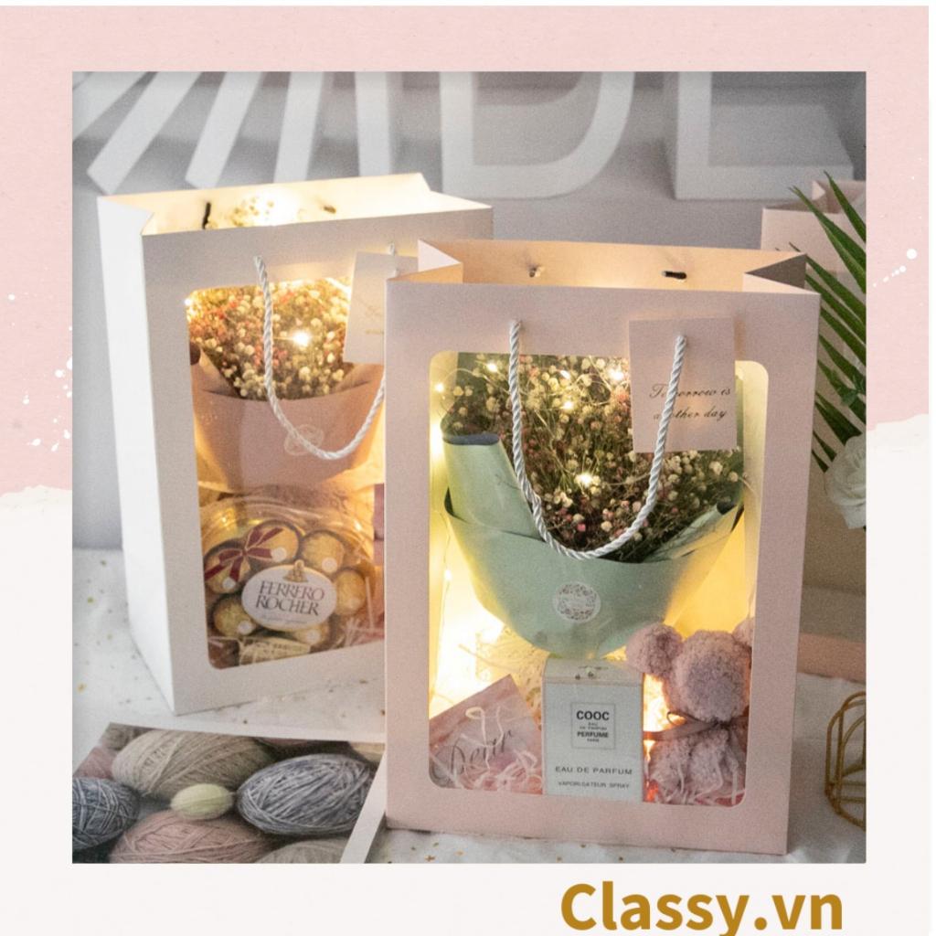 Túi giấy Classy hồng trong suốt kích thước 25x15x35CM dùng làm quà tặng đựng hoa, đựng gấu bông Q1404