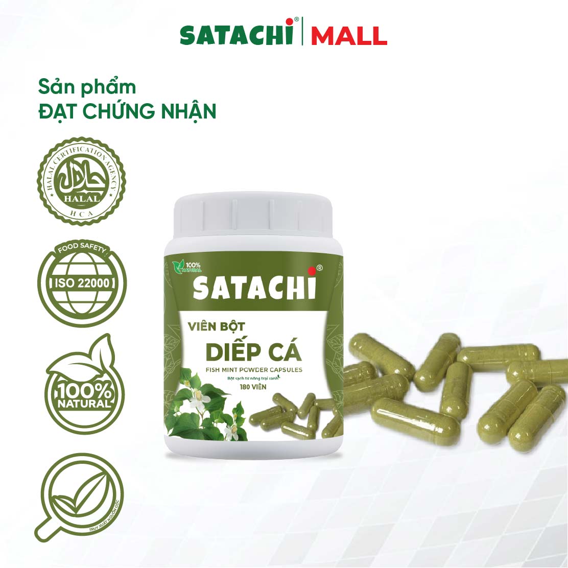Viên Bột Diếp Cá Nguyên Chất SATACHI – 100% Lá Diếp Cá Tươi – Dạng Viên Tiện Lợi – Hộp 180 viên