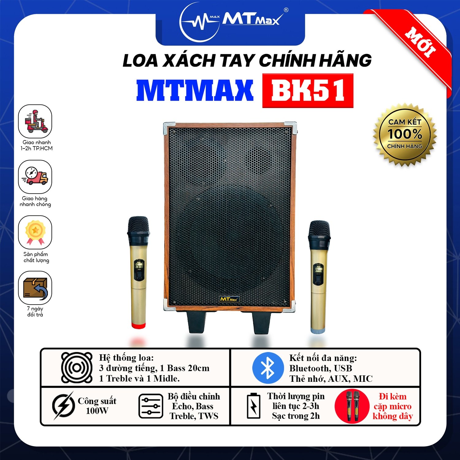 Loa xách tay di động BK51 - Loa Karaoke Chính Hãng Giá Rẻ Công Suất Lớn 100W Bass 20cm Âm Thanh Mạnh Mẽ Tặng Kèm 2 Micro Không Dây Cao Cấp Hàng Chính Hãng