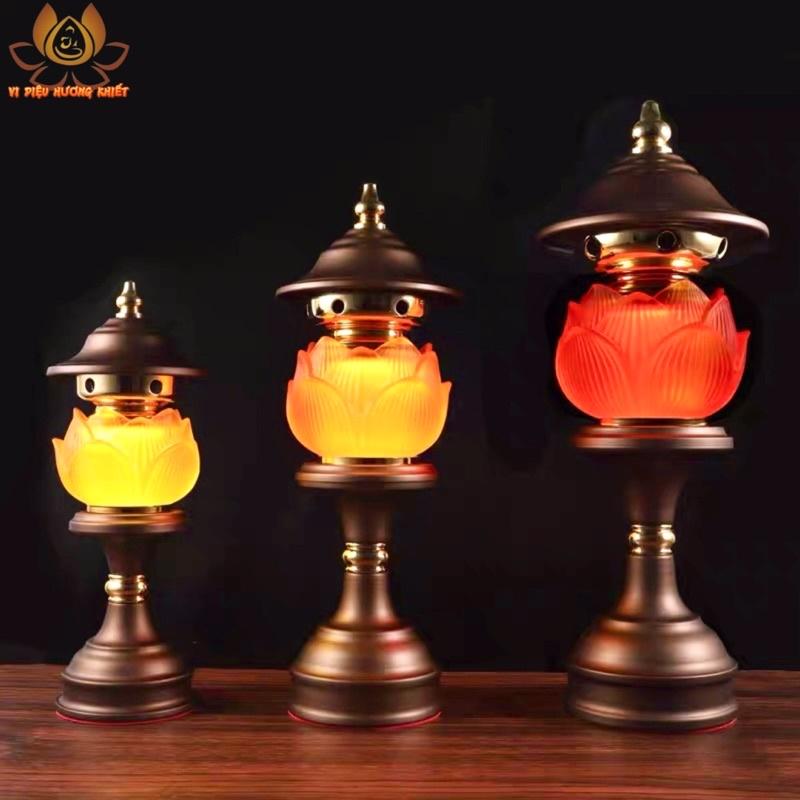 CẶP 2 CÂY ĐÈN LED HOA SEN LƯU LY ĐỎ CAM VÀNG THỜ CÚNG TRANG TRÍ