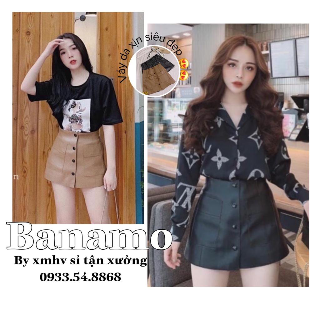 Quần váy da phối khuy 2 túi trước màu đen nâu thời trang 696