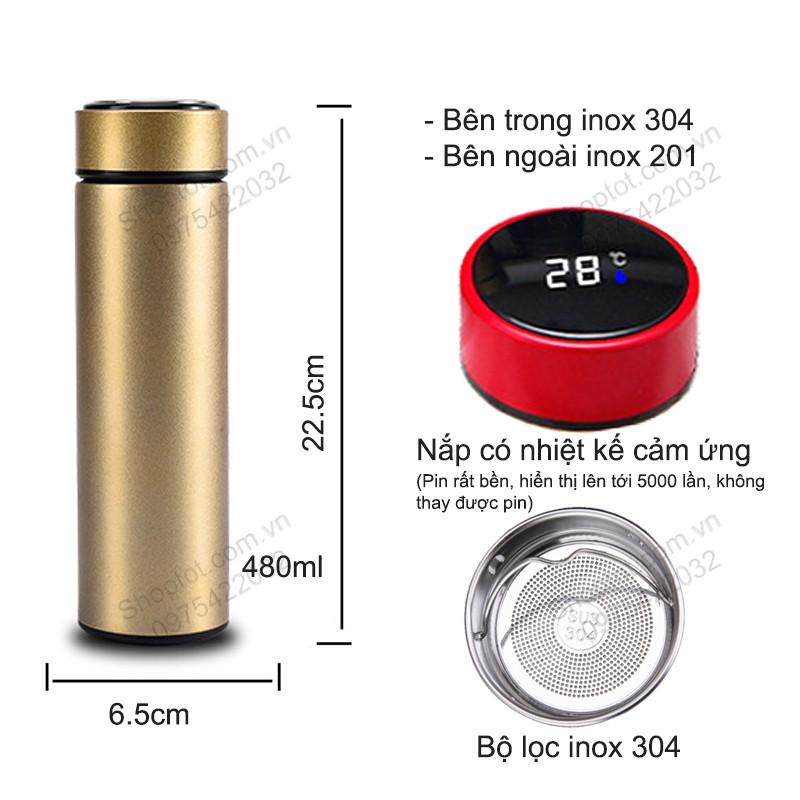 BÌNH GIỮ NHIỆT 2 LỚP 480ML NẮP CÓ NHIỆT KẾ CẢM ỨNG, BẰNG INOX 304 CAO CẤP NC480
