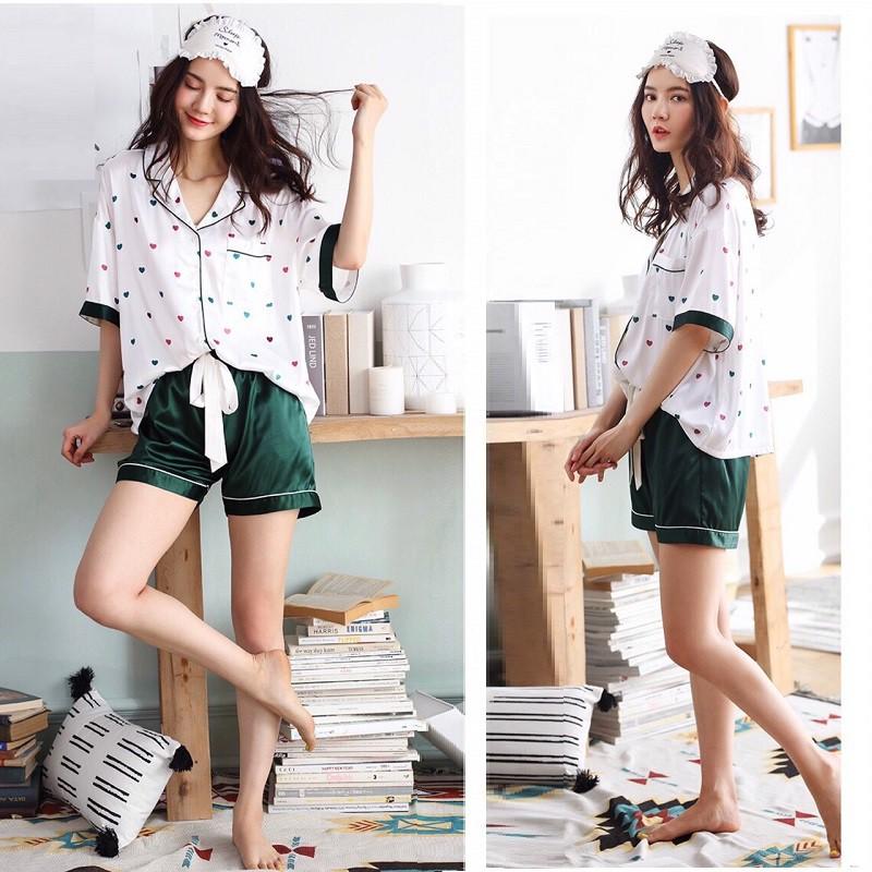Bộ pyjama lụa nữ mặc nhà họa tiết trái tim