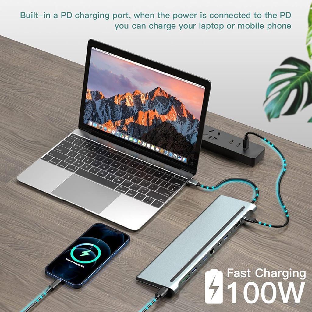 Bộ Chuyển Đổi 12 Trong 1 Type-C Sang HDMI 4k Rj45 VGA PD Đầu Đọc Thẻ SD / TF USB3.0 USB C Hub Cho Laptop PC