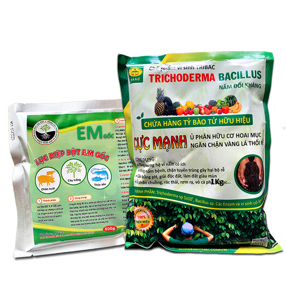 Combo 1 gói Chế phẩm EM gốc và 1kg Nấm đối kháng Trichoderma TRIBAC. Ủ phân cá, rác bã hữu cơ hoai mục nhanh không mùi hôi. Ngăn chặn nấm bệnh gây thối rễ vàng lá