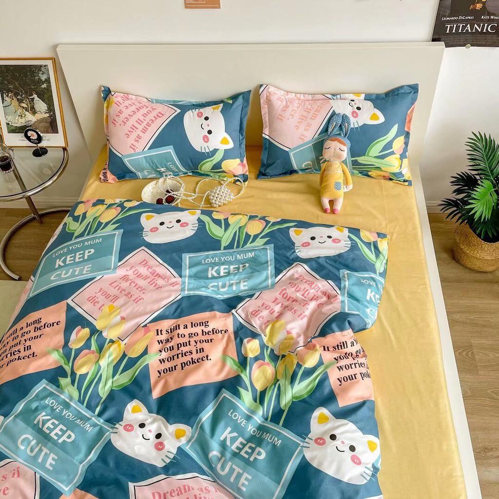 Bộ chăn ga gối Cotton Poly M2T bedding Mèo hoa, vỏ chăn mền, drap giường và 2 vỏ gối