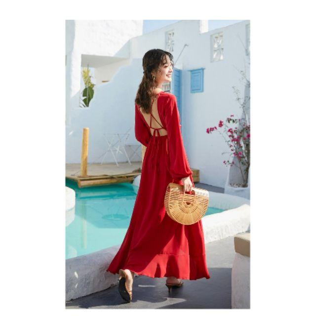 ĐẦM MAXI ĐỎ HỞ LƯNG DÀI TAY MÀU ĐỎ QUẢNG CHÂU