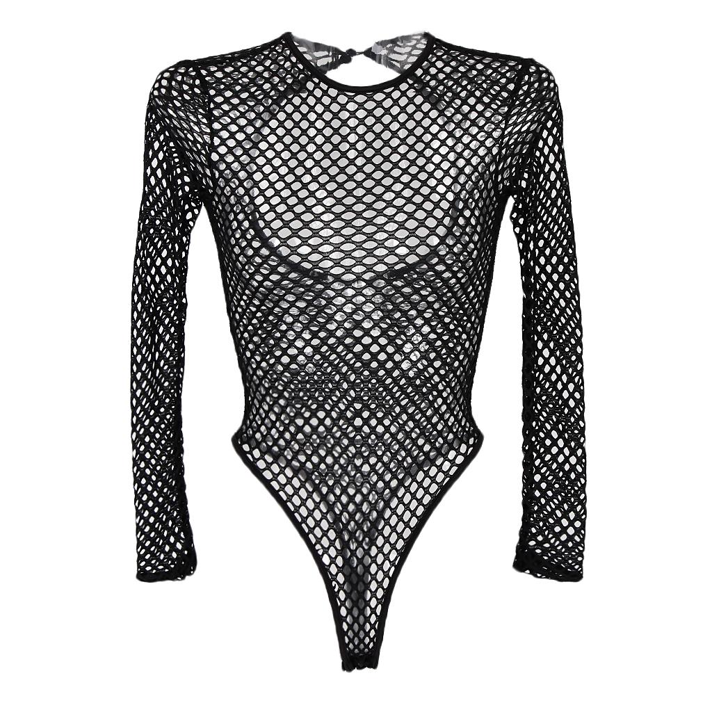 Women's Tight Mesh Long Sleeve Backless Bodysuit Jumpsuit Shapewear One Piece Swimsuit