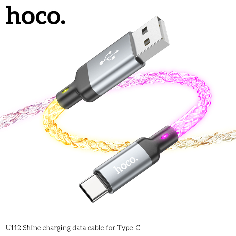 Cáp Sạc Nhanh Dành Cho Hoco U112 Shine 3A Đèn Led Đổi Màu Cổng Type C Dây Dài 1M Hàng Chính Hãng