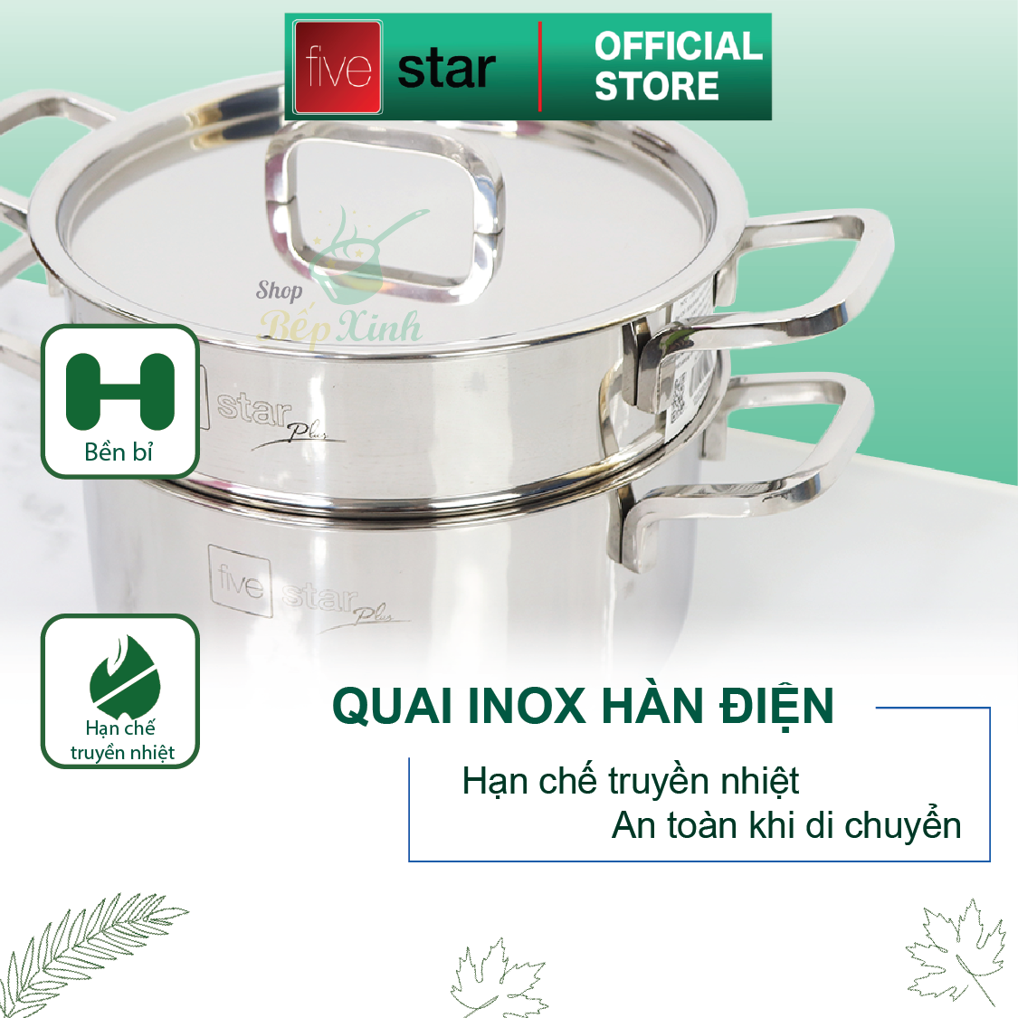 Bộ nồi xửng hấp inox FiveStar Standard 304 nắp inox , 3 đáy bếp từ tặng 2 vá canh ( 20cm )