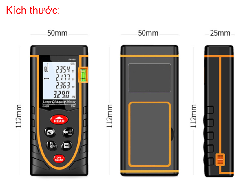 Thước đo sử dụng tia Laser có độ chính xác +/- 1.5mm, khoảng cách đo tối đa 50m, 80m, 120m - 120m