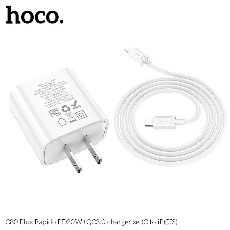 Hình ảnh Bộ Sạc Nhanh Dành Cho Hoco. C80 Plus PD20W QC3.0 2 Cổng Sạc Type-C + USB-A Kèm Cáp Type-C To IP Dài 1m Hàng Chính Hãng