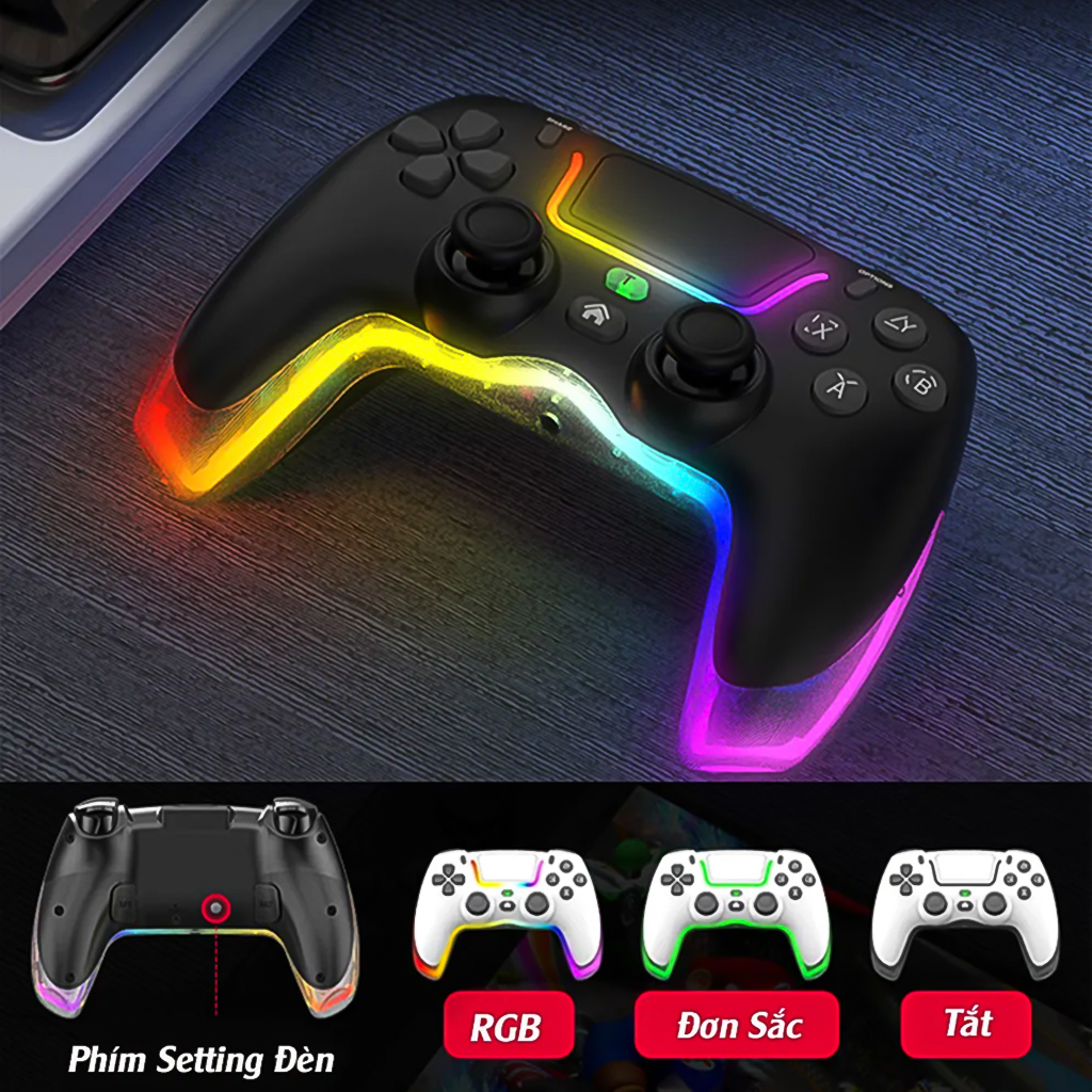 Tay cầm chơi game Vinetteam P07 LED RGB siêu rung - Kết Nối Bluetooth và Dây TypeC - Hỗ Trợ PC/Laptop/Smart Phone, Tay Cầm Chơi Game FO4 Đa Năng - hàng chính hãng