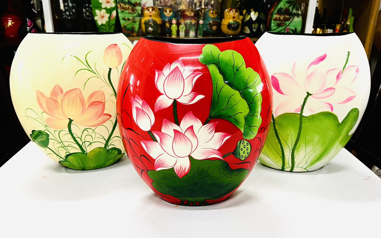 Bình Sơn Mài dẹp Cao Cấp Thanh Bình Lê size 30x25x12 thích hợp cắm hoa, trang trí, làm quà tặng,...