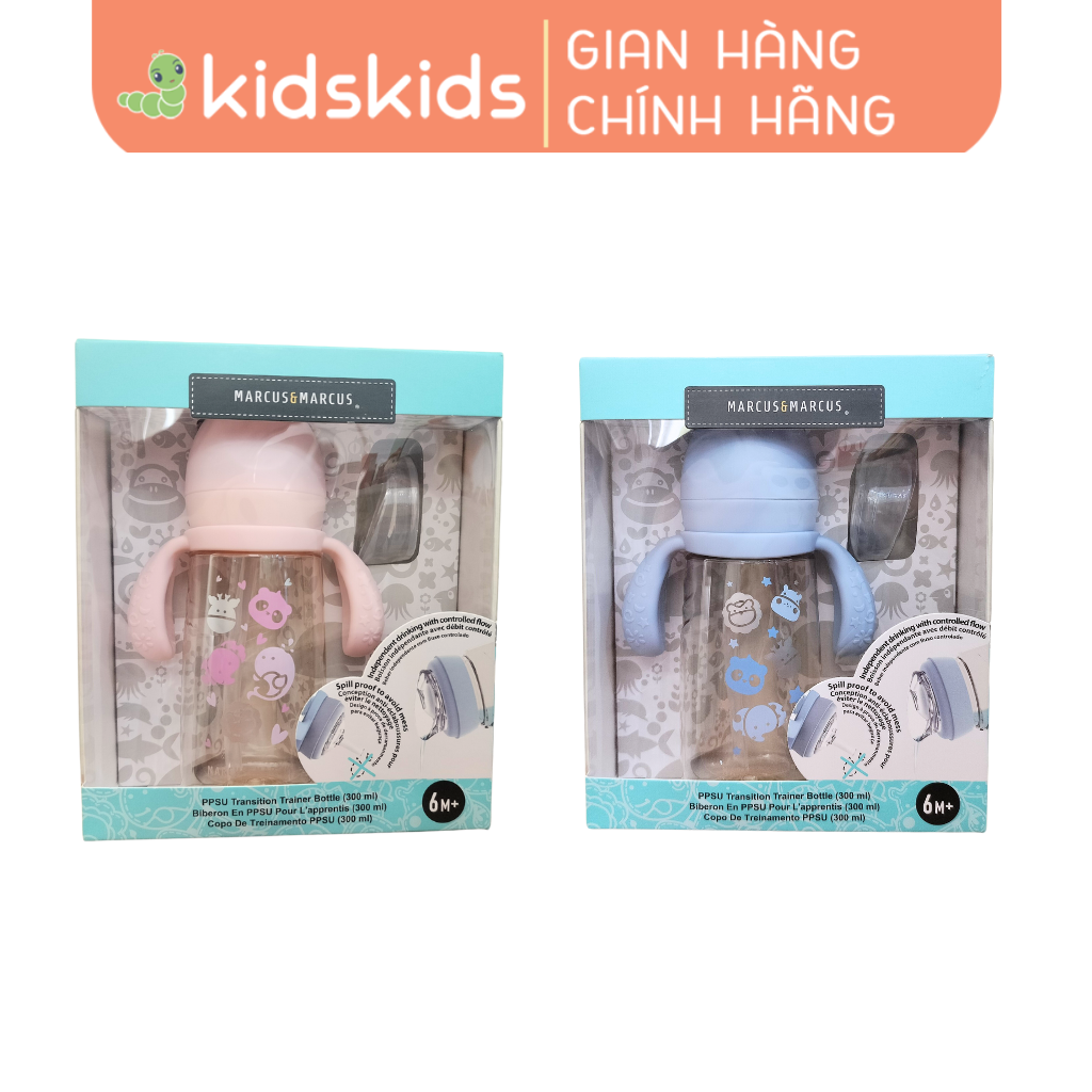 Bình Tập Uống Chuyển Tiếp PPSU  Marcus &amp; Marcus 300ml Cho Bé Từ 6 Tháng – Xanh, Hồng