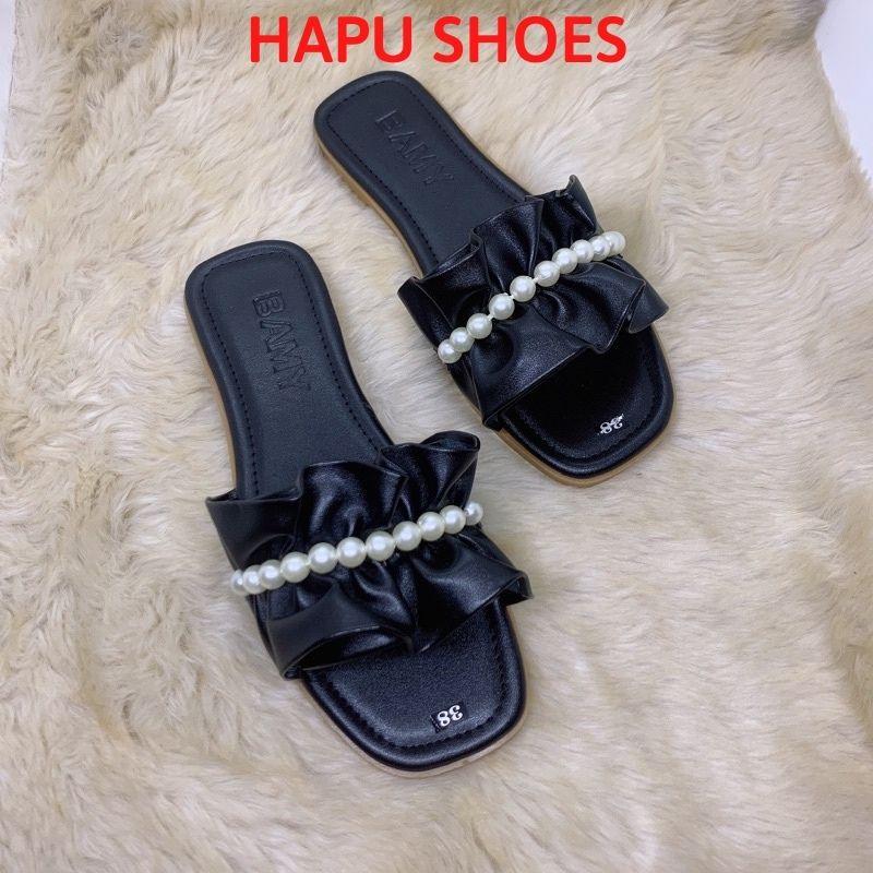 Dép lê nữ quai ngang, dép thời trang nhún nơ bèo đính ngọc HAPU Shoes
