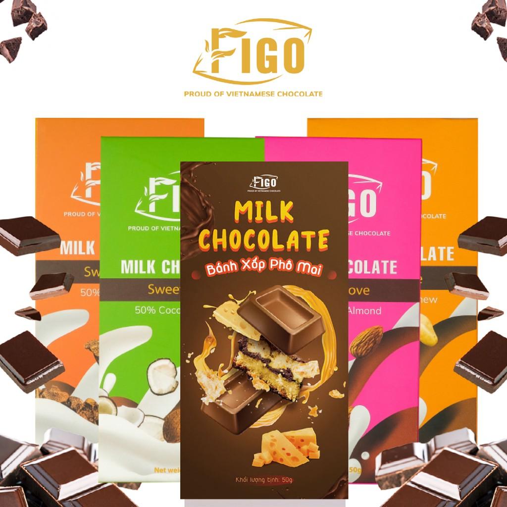 Kẹo socola sữa có Hạt điều, hạt cacao, dừa, hạnh nhân, phô mai 50% cacao Figo 50g