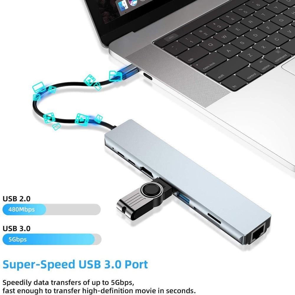Đầu đọc thẻ nhớ USB C 3.1 sang 4K HDMI RJ45 USB SD/TF tốc độ nhanh 8 trong 1 cho laptop táo Pro