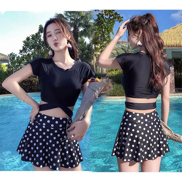 Bộ đồ bơi nữ bikini 2 mảnh váy chấm bi chất thun đẹp, bộ áo tắm chấm bi hàng mới