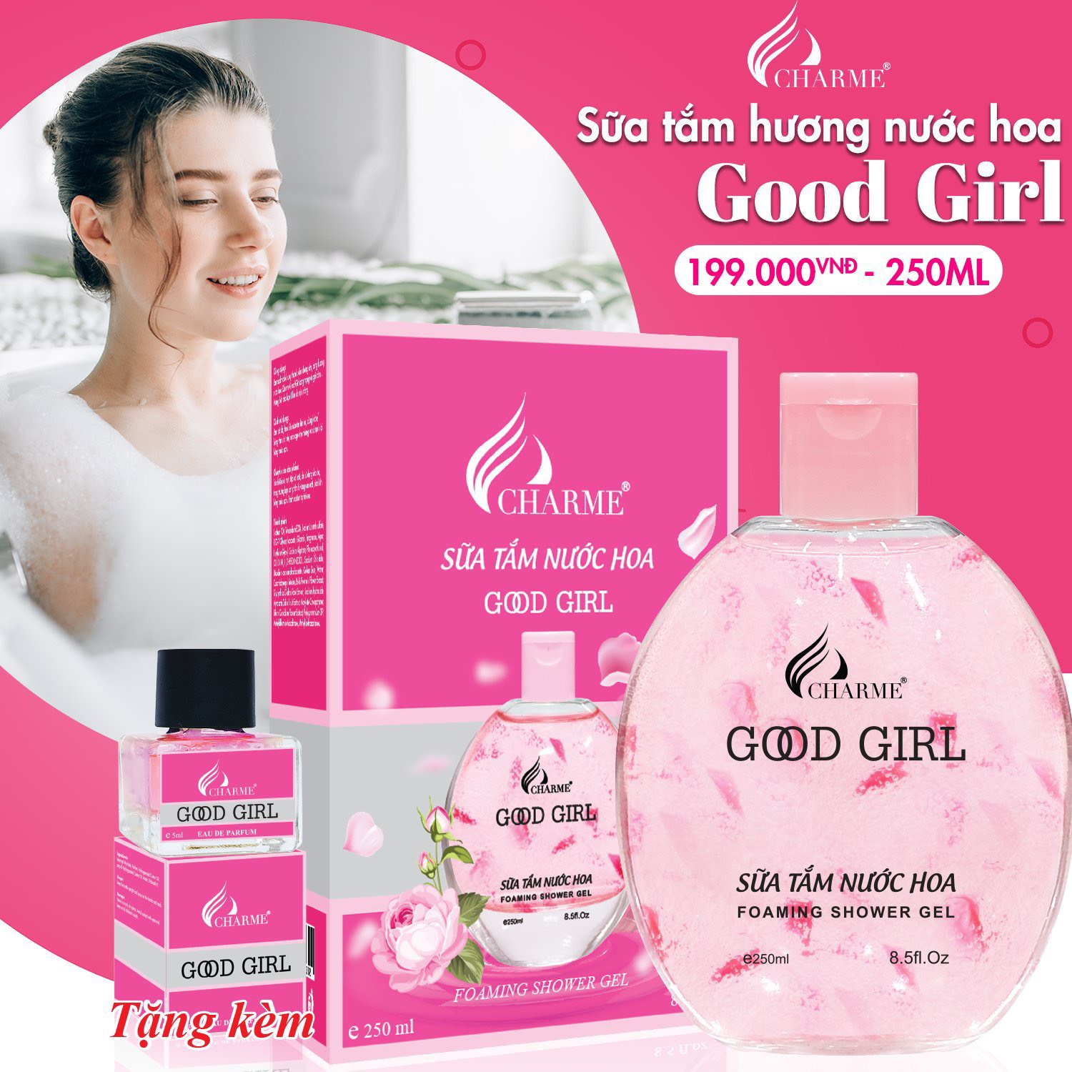 Sữa tắm nước hoa, Charme Goodgirl, dòng sữa tắm dưỡng ẩm, sáng da, hương nước hoa Pháp, 250ml