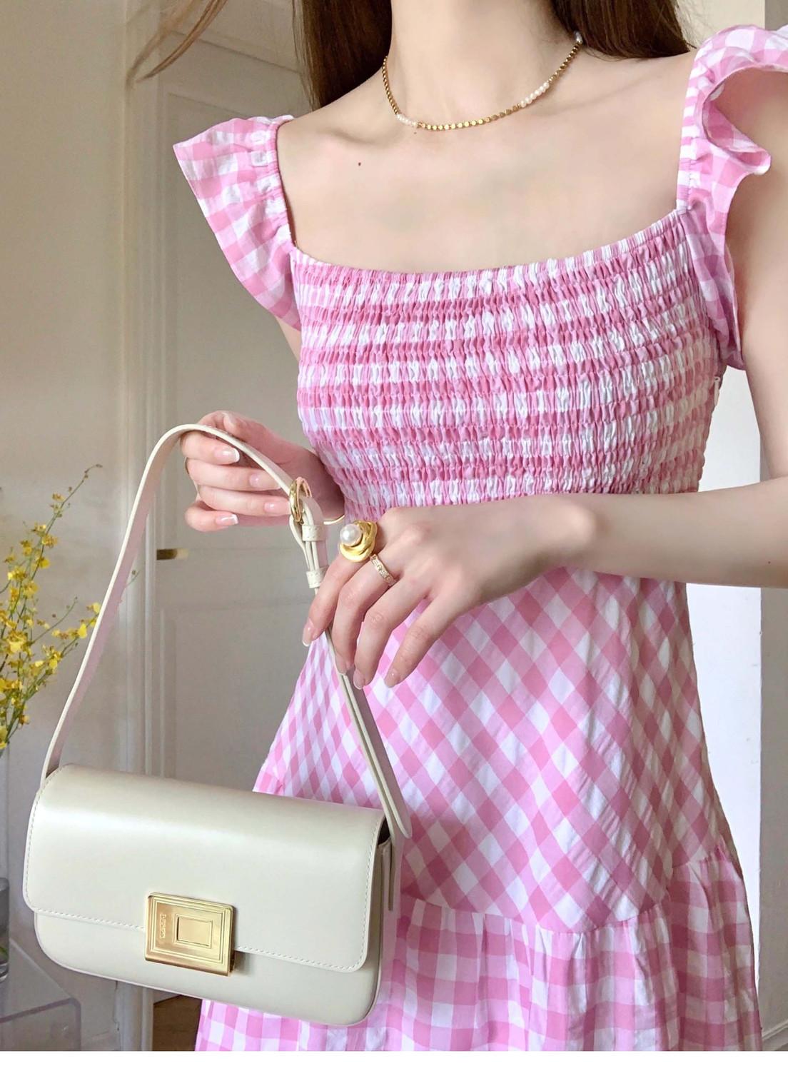 CHENGRUI Cao cấp bông màu hồng kẻ sọc ăn mặc cho phụ nữ Pháp retro nhỏ thiết kế cao cấp giảm tuổi váy dài dễ thương