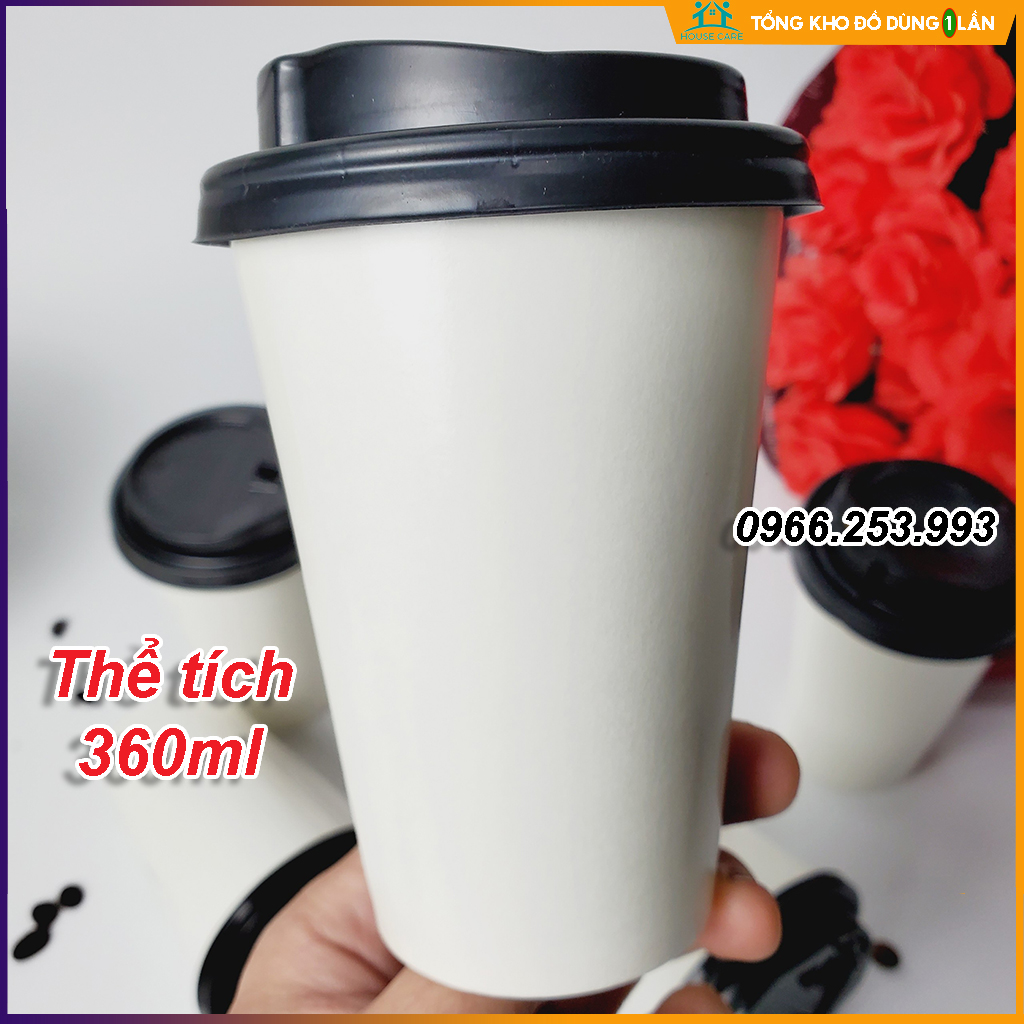 50 cốc giấy CÓ NẮP 360ml size 12OZ cao cấp