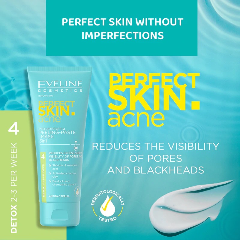 [Mua 1 tặng 1] Tẩy da chết Eveline Perfect Skin Acne sạch sâu, kháng khuẩn và ngừa mụn 75ML