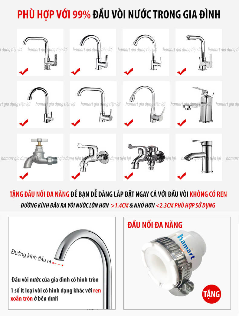 Đầu Lọc Nước Tại Vòi Tăng Áp Xoay 360 Mặt Xả Hoa Sen Rửa Chén Có Đầu Nối &amp; Lõi Bông Lọc Sạch