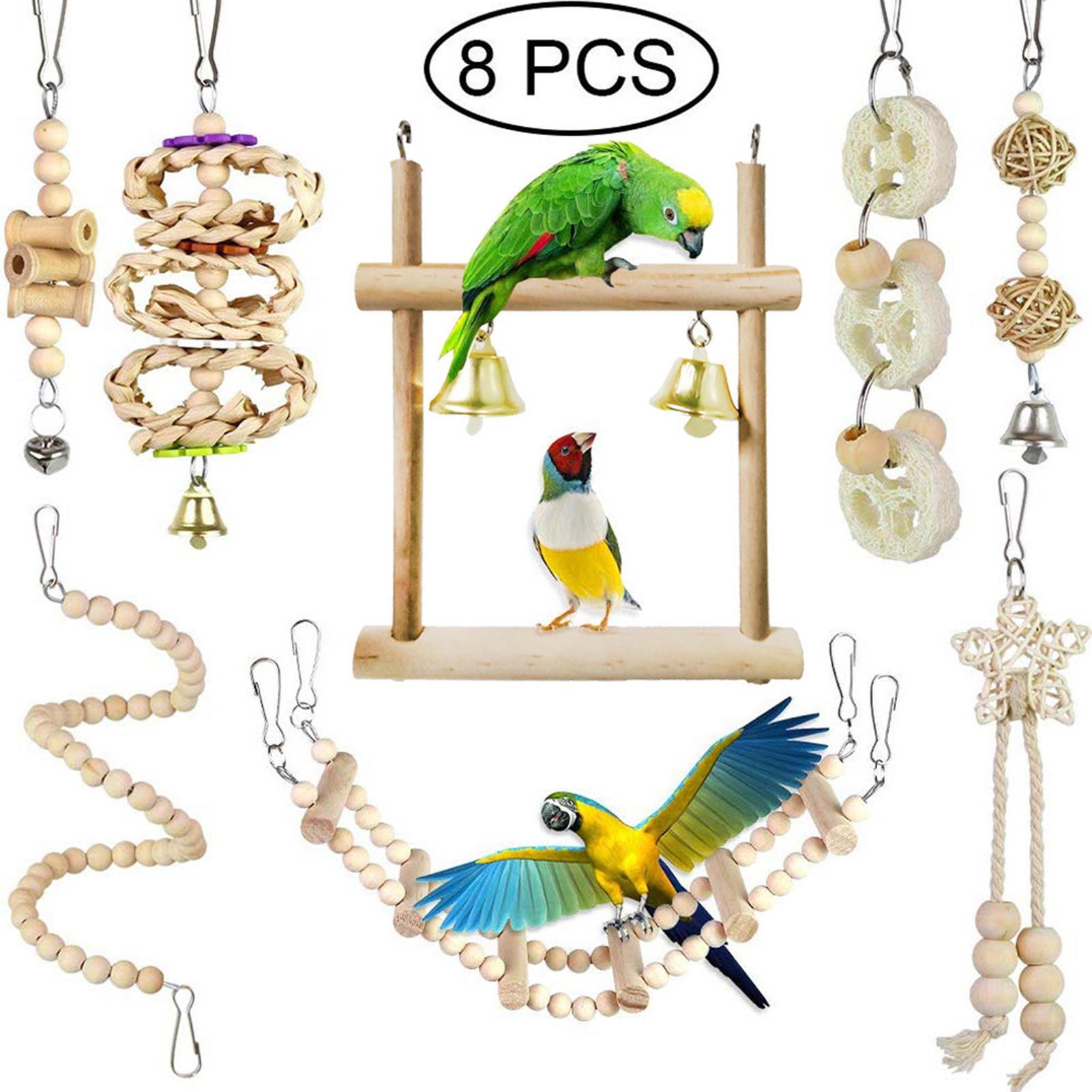 8 Pieces Parrot Chewing Toys Bird Toys Wooden Swing Soft Ladder Ladder Wooden Beads Rotating Stairs