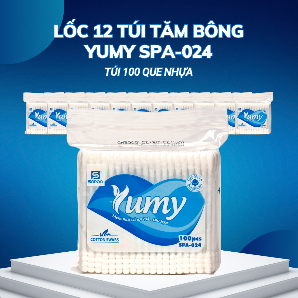 Lốc 12 gói Tăm bông Yumy người lớn thân nhựa túi 100 que SPA-024