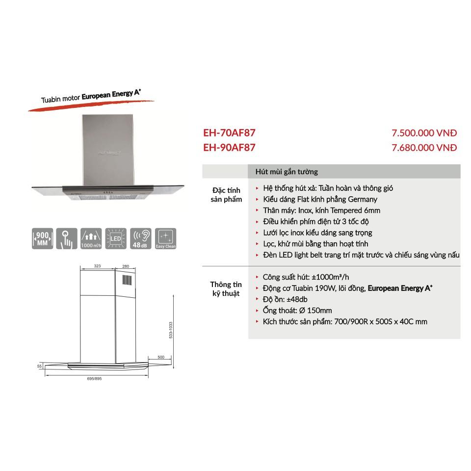 Máy Hút Mùi Gắn Tường EUROSUN EH-70AF87 | EH-90AF87- 3 tốc độ, 1000m³/h, Hàng Chính Hãng