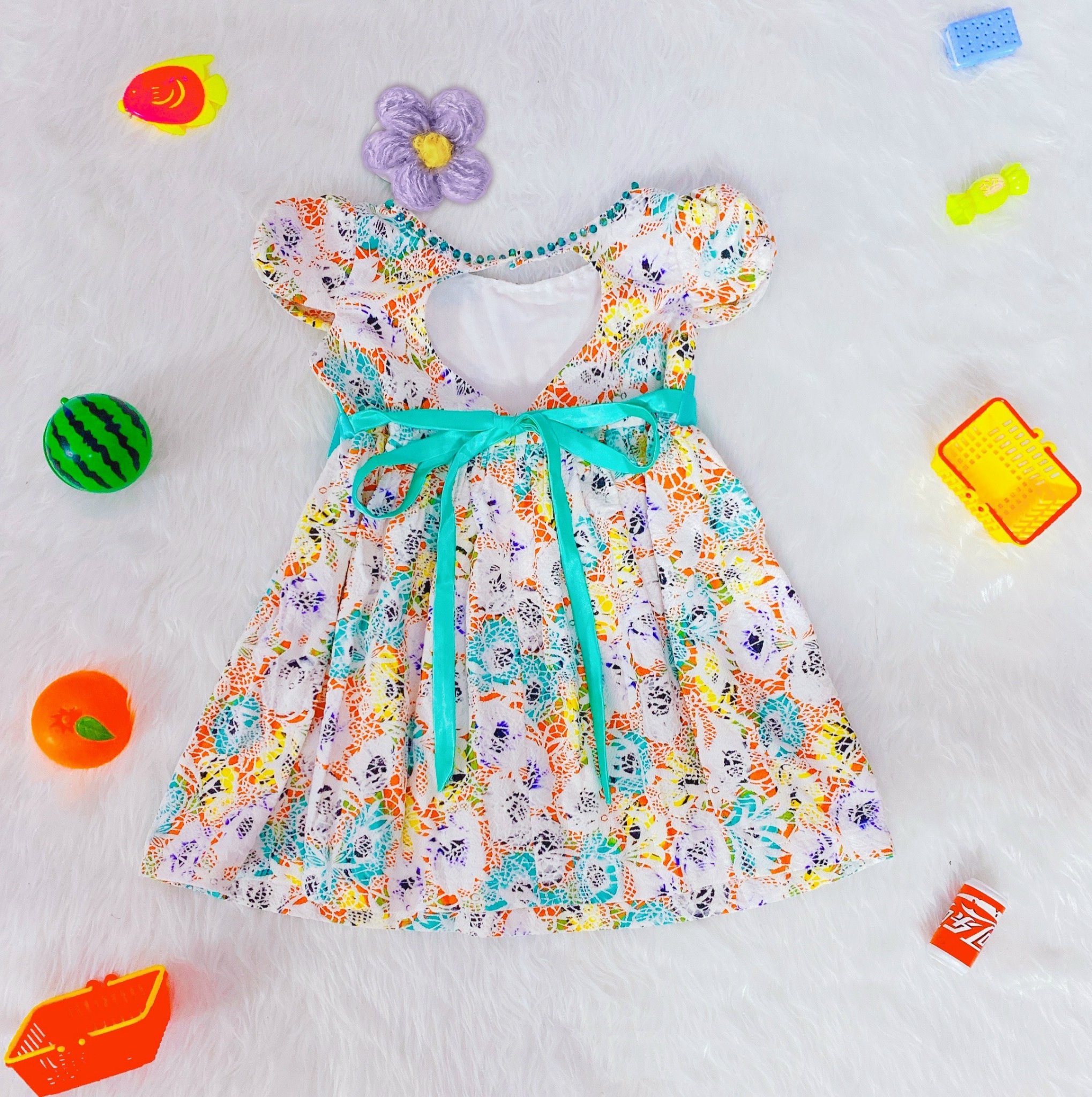 Đầm Bé Gái Size 7-24Kg, 5 Tháng Đến 6,5 Tuổi Công Chúa Hoa Phối Nơ Đính Ngọc, Đầm Dự Tiệc