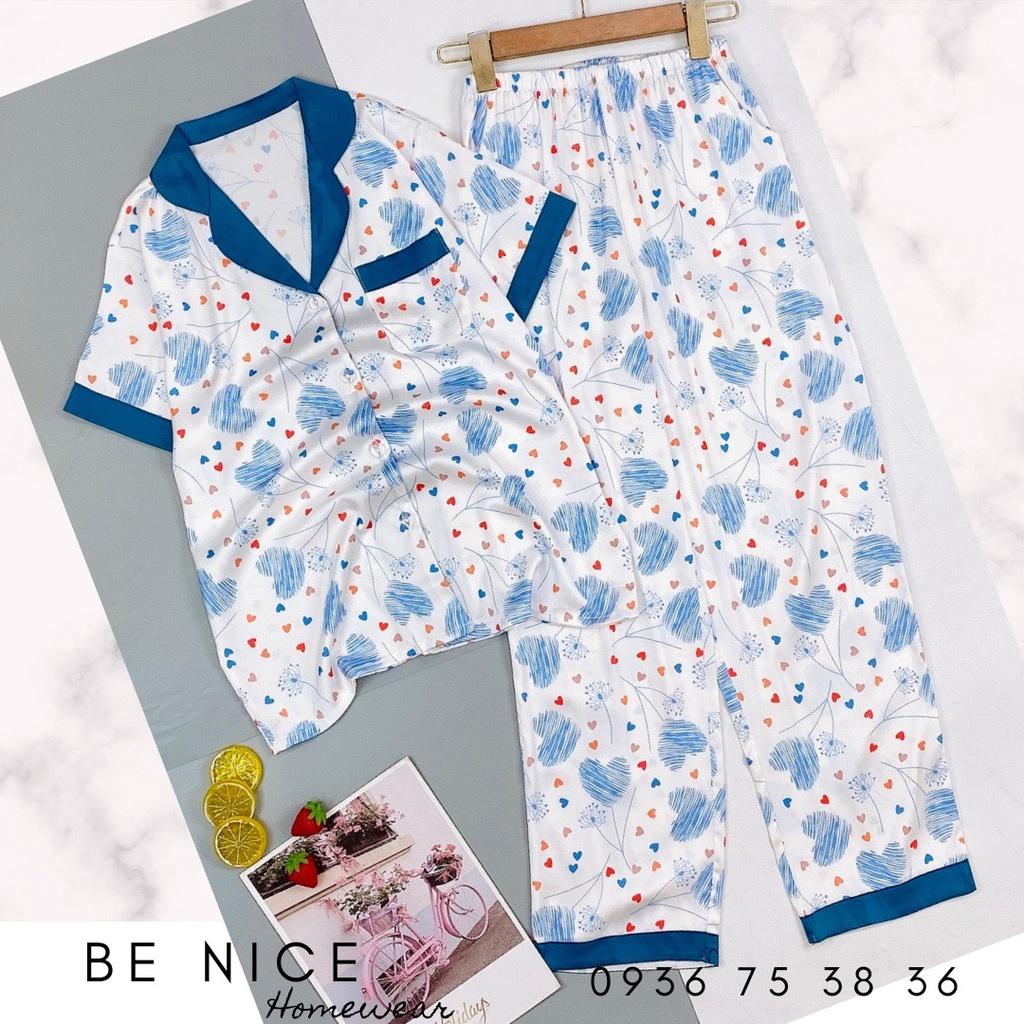 Set pijama lụa mặc nhà cổ phối màu tay ngắn quần dài, Be Nice Homewear