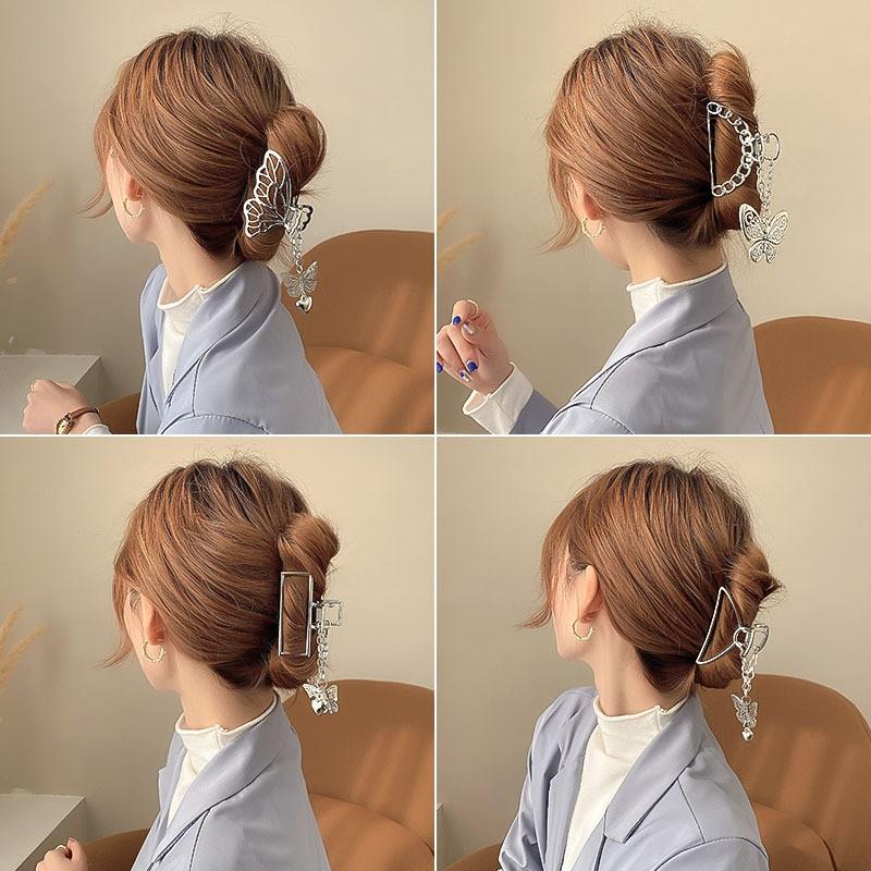 Kẹp tóc kim loại màu bạc đính kèm dây xích bướm cá tính, kẹp tóc càng cua tiện dụng cho nàng