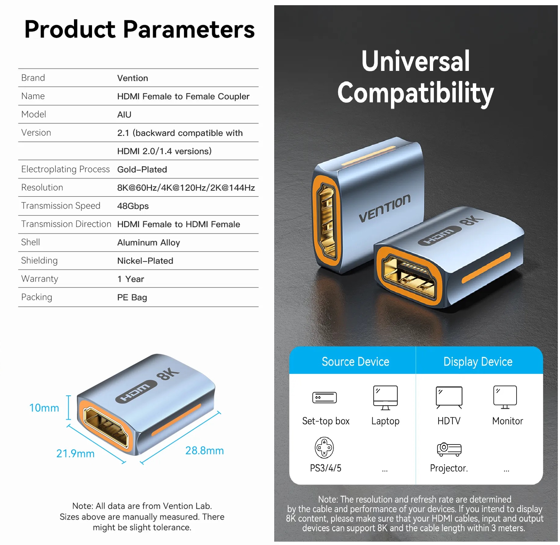 Đầu nối dài HDMI 2 cổng âm 8K / 4K Vention HDMI female to female adapter AIUH / AIRB _ Hàng chính hãng