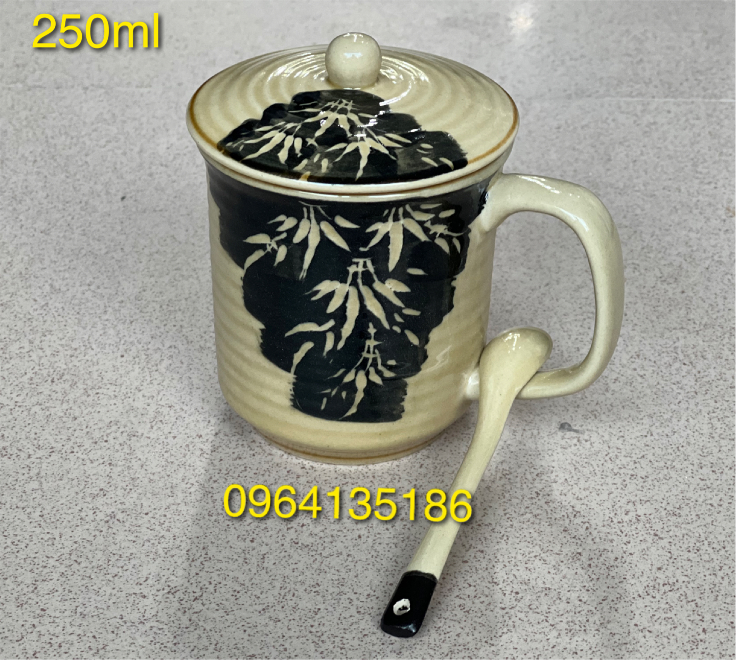 Cốc uống trà,uống nuống nước có quai 250ml men rong vàng phẩy trúc gốm sứ Bát Tràng