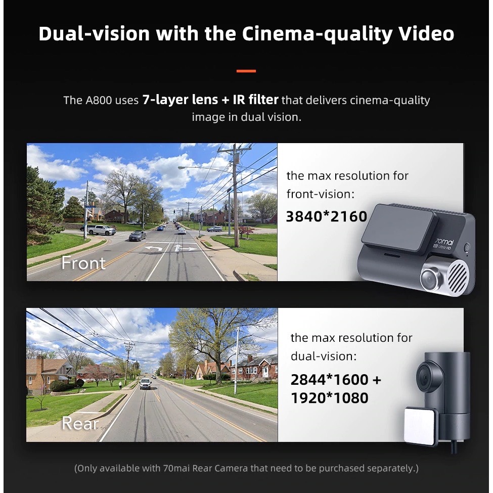 Camera hành trình Xiaomi 70mai A800 Dashcam 4K - Ghi hình cả trước và sau -Phiên bản Quốc Tế - Hàng nhập khẩu