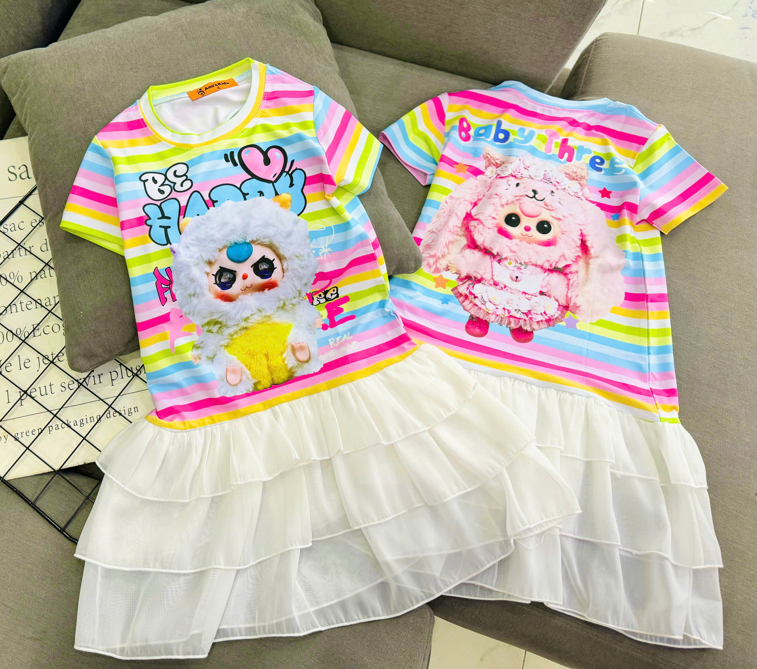 Đầm váy suông cho bé gái diện tết labubu baby three capybara size 12-45kg chất thun lạnh mềm mát