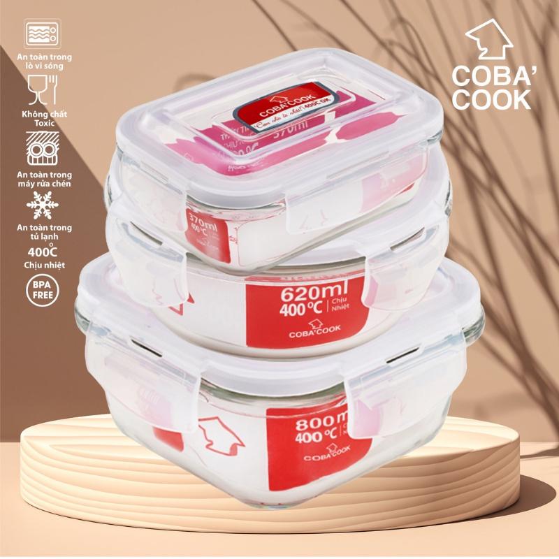 Bộ 3 hộp thủy tinh COBA'COOK chịu nhiệt đựng thực phẩm hộp vuông 800ml tròn 620ml chữ nhật 370ml - CCL3R6S83