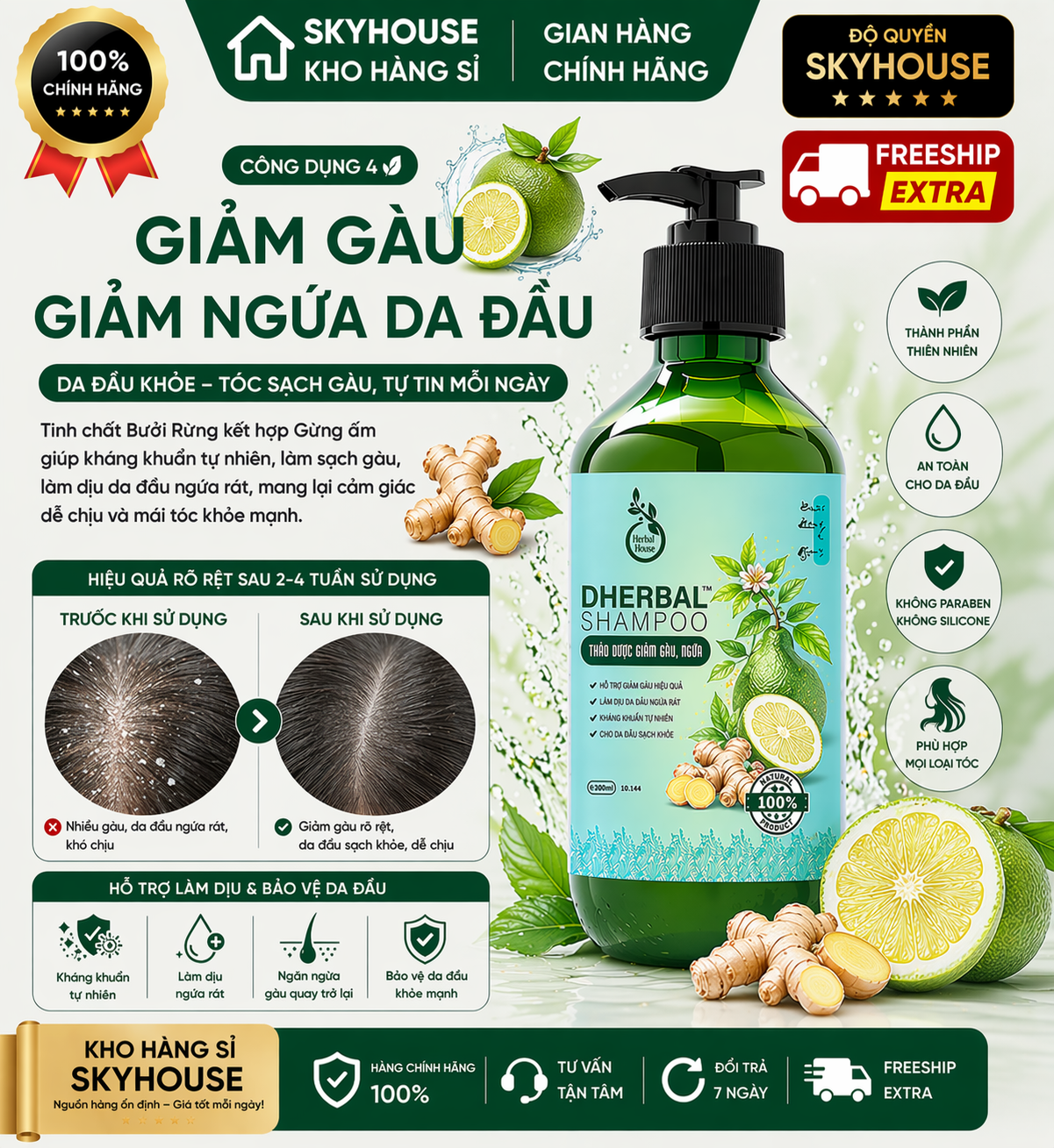 Dầu gội thảo dược tinh chất bưởi rừng gừng độc quyền DHERBAL chai 300ml  giảm gãy rụng cải thiện mọc tóc chính hãng