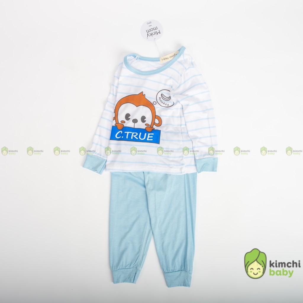 Bộ Dài Tay Cho Bé Gái, Bé Trai Minky Mom Vải Thun Lạnh Hoạ Tiết Kẻ Ngang Khủng Long,Bộ Dài Tay Thu Đông Cho Bé MKMTD2130