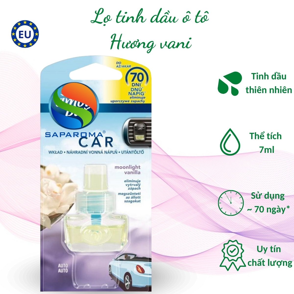 Lọ tinh dầu thơm ô tô Ambi Pur 7ml Moonlight Vanilla - hương vani, cài cửa gió, hỗ trợ khử mùi, nhập khẩu Châu Âu